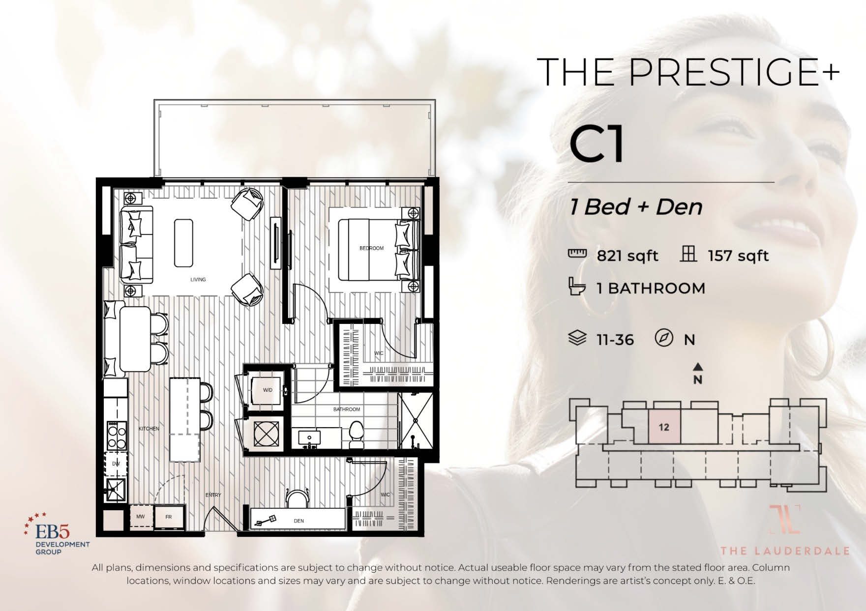 The Prestige+ C1 — 1 Bed + Den Floor Plan