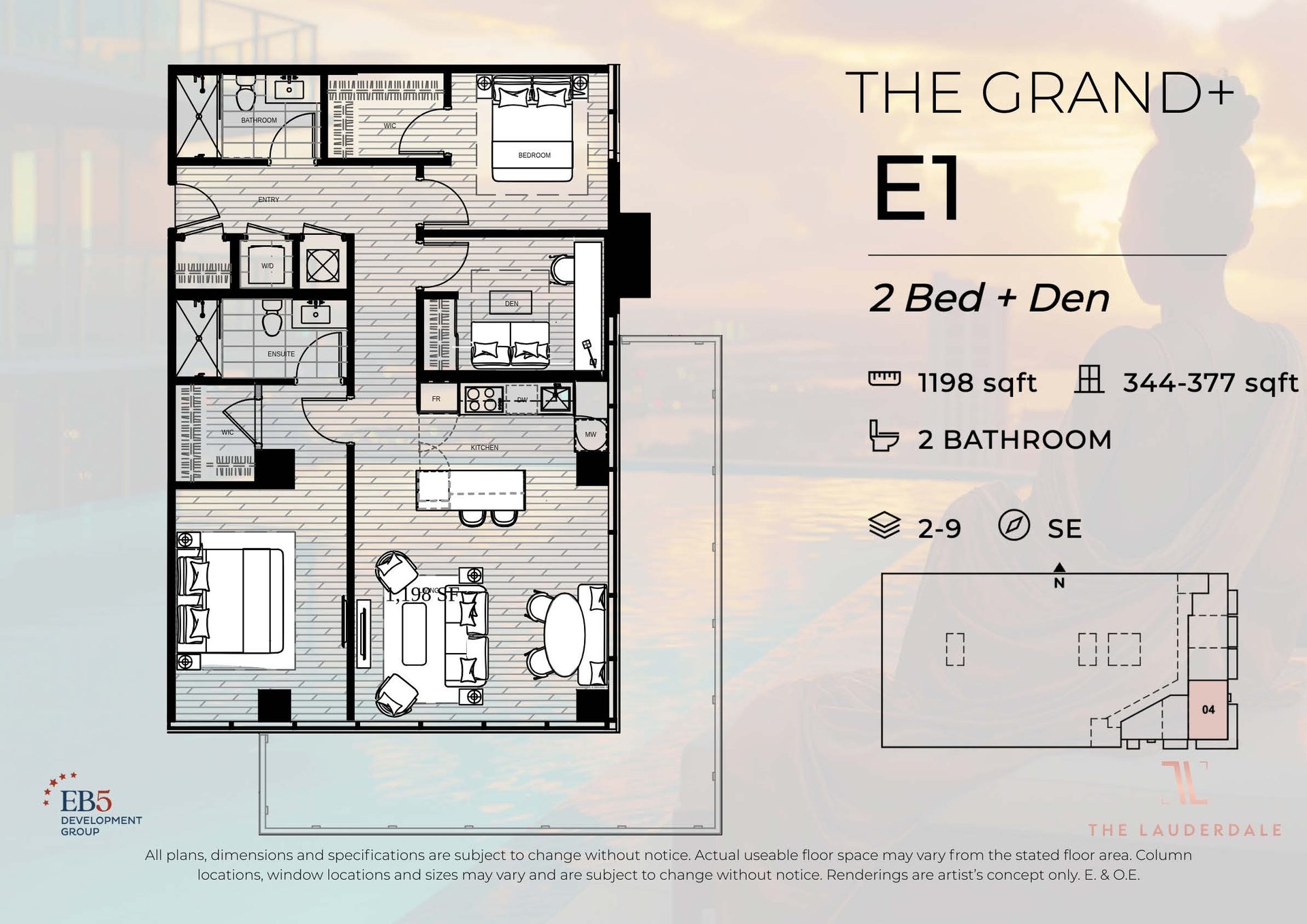 The Grand+ E1 — 2 Bed + Den Floor Plan